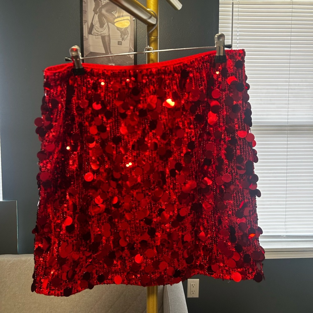 Red Sequin Skirt High Waist Stretchy Bodycon Sparkle Night Out Party Mini Skirts